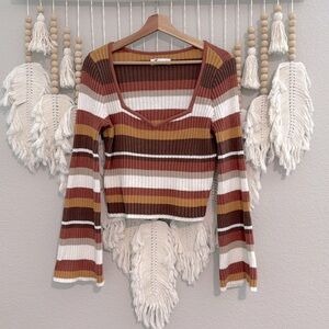 Hollister Co Striped Square Neck Crop Sweater-Large-Flared Bell Sleeve-Retro